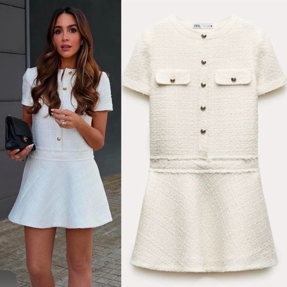 ZARA mini structured dress tweed metallic shimmer cream size small new gold - Picture 1 of 14